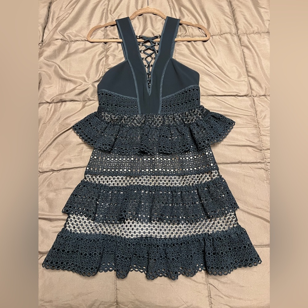 Self-Portrait Black Deep V Lace Up Tiered Lace Mini Dress Size US Size 6 NWT